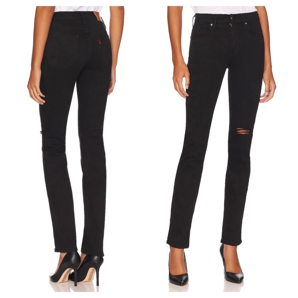 NWT Levi's 724 High-Rise Slim Straight Distressed Black Pixel Jeans Size 29x32